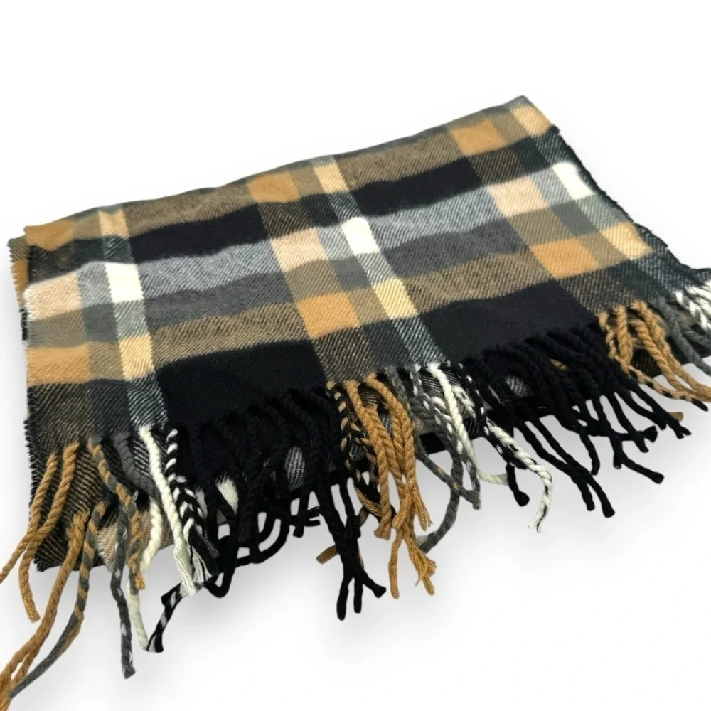 100% Cashmere Hand Tailored Made In Germany Neutral Plaid Unisex Scarf, 12x63 - Picture 3 of 11